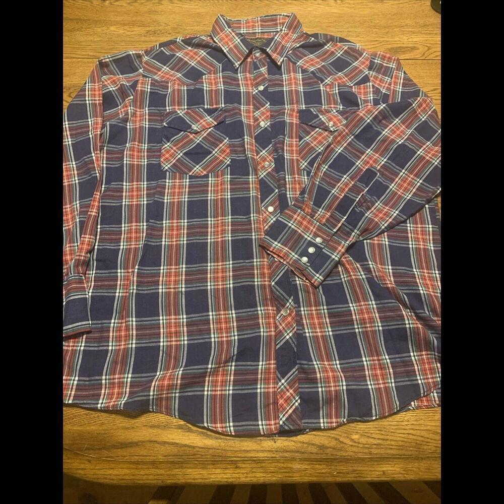 Vtg C Hart Button Up Shirt Big Men 1XL Blue Red Plaid Pearl Snap Western Cowboy‍